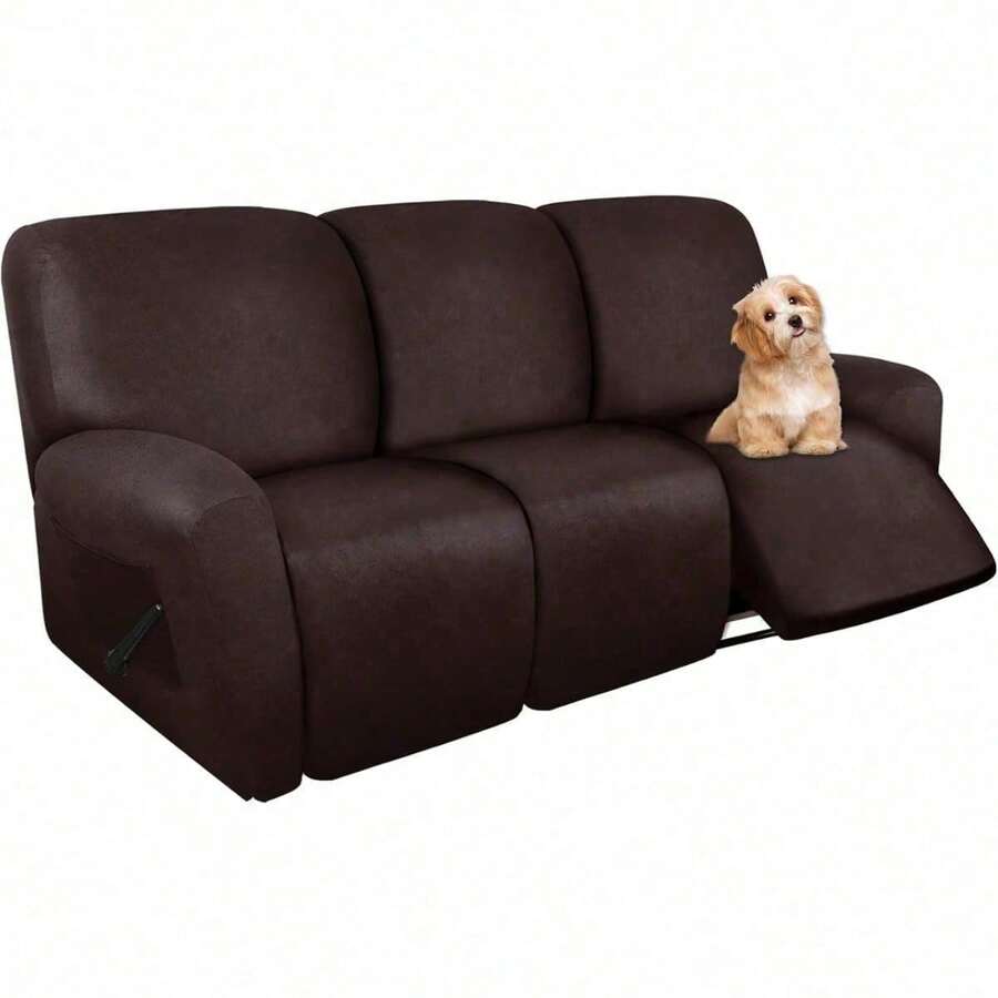 8 Pieces Recliner Sofa Covers Stretch Leather Like Large Couch Covers For 3 Seats Reclining Slipcovers Soft Jacquard Pattern Furniture Protector With Elastic Bottom