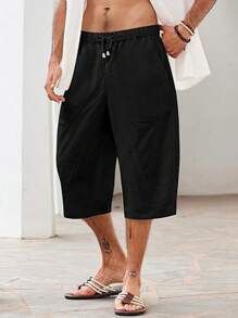 hoteel Mens Beach Linen Shorts Casual Loose Cotton Cropped Pants Elastic Waist Drawstring Summer Classic Beach Shorts With Pockets - 黑色 - 查看 3