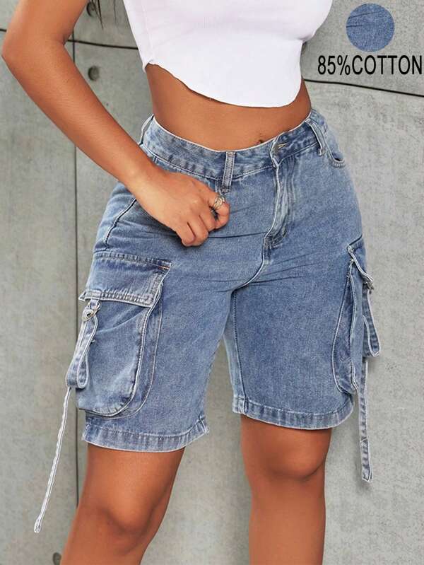 Y2K Street High Waist Flap Pocket Tape Detail Work Cargo Denim Bermuda Wide Leg Jean Shorts Summer Comfy Jorts