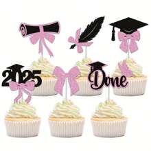 12pcs Graduation Season Cupcake Toppers, Graduation Bow, Diploma, PhD Hat Party Decorations, Multi-Color