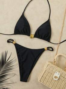 2pcs Women Minimalist Bikini Swimwear Set With Metal Seashell Pendant Halter Strap And Adjustable Side Tie Pants - Black - View 1