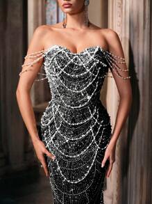 LUVISTRUE Ethereal Pearl Decor Formal Dress, Women Sequin Evening Gown, Suitable For Graduation, Prom, Birthday Party, Gala, Cocktail Party, Concert, Awards Ceremony, One-Shoulder Floor-Length Dress - Black - View 7