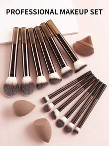 15件套多功能化妆套装，包含12支长柄软毛化妆刷、2个化妆海绵、1个粉扑，快速上妆工具，适合所有肤质。化妆刷套装，化妆刷套装，化妆刷套装，完整化妆套装，化妆刷套装，完整化妆套装，化妆刷套装，化妆刷套装，化妆礼盒，赠品，专业化妆刷，完整化妆套装 - 咖啡棕 - 查看 7