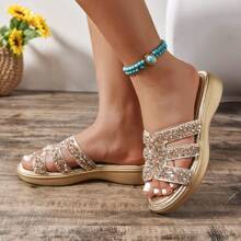 2025 New Women Slippers Fashion Slip-On Thick Platform Wedge Sandals, Glitter Strap Open Toe Beach Hollow Slippers Large Size 43 EU, Comfortable Mother Shoes