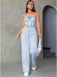 Palazzo De Mezclilla Sin Tirantes - Neblina azul - Ver 1