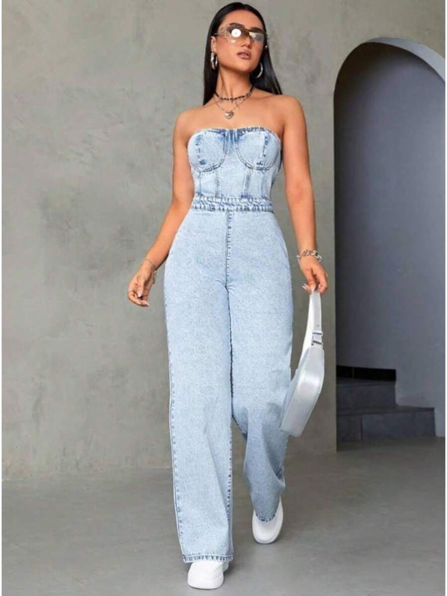 Palazzo De Mezclilla Sin Tirantes - Neblina azul - Ver 1