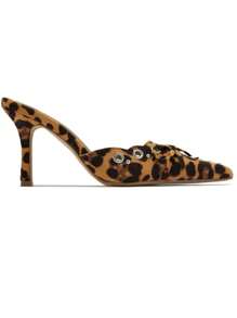 High Heeled Mules For Women Slip On Pointy Bow Heels Suede Dress Kitten Pumps Backless Wedding Shoes - Leopard - 查看 2