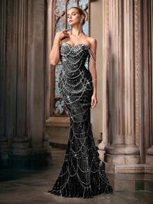 LUVISTRUE Fairy Temperament Pearl Decoration Formal Dress Women Sequins Evening Gown For Graduation Season Prom, Birthday Party, Galas, Cocktail Party, Concert, Award Ceremony Pure Color One Shoulder Floor Length Dresses - 黑色 - 查看 6