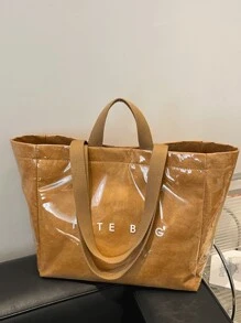 Retro Kraft Paper Bag PVC Large Capacity Ladies Handbag Handbag Light Shoulder Shopping Bag With Long Shoulder Strap. - Brown - View 1