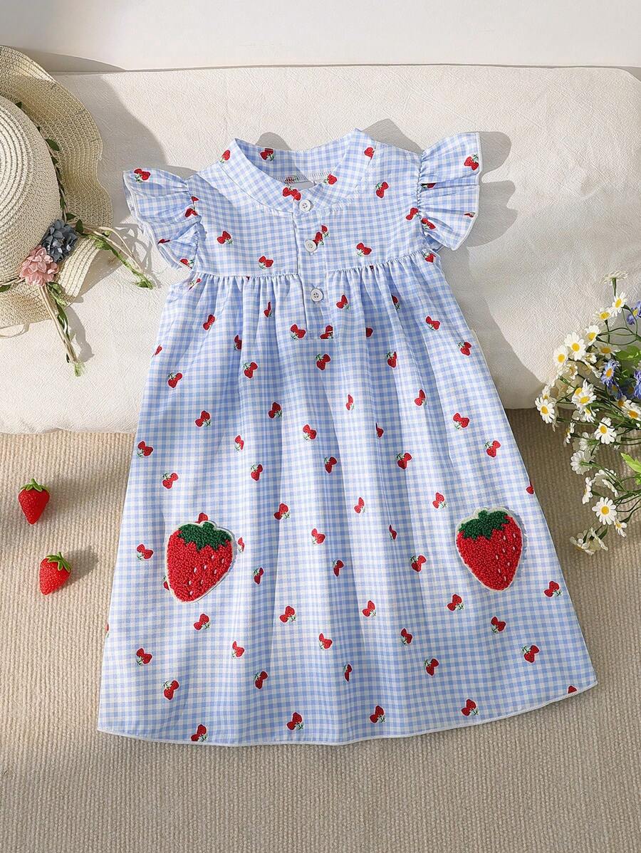 Girls Charming Sleeveless Gingham Strawberry Print Dress, Cute & Elegant For Little Girls, Suitable For Holidays & Summer Vacation - Blue - View 1