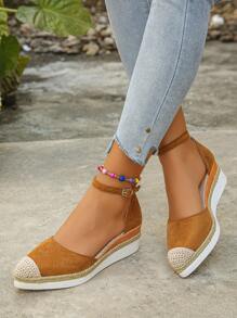 2025 New European & American Fashion Plus Size Wedge Heel Sandals, Jute Splice Roman Sandals, Comfortable & Lightweight Strap Solid Color Ladies Shoes For All Seasons