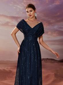 YISIKADO 女士闪亮优雅双V领褶饰正式晚礼服、派对礼服、长袍、婚礼宾客礼服 - 藏蓝色 - 查看 6