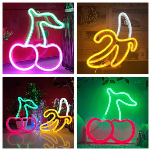 1pc LED Summer Fruit Cherry Banana Shaped Lamp, 3AA Battery Box & USB Powered, Red & Green Cherry Neon Light, Suitable For Wall Decor, Children's Room, Restaurant, Bar, Fruit Store