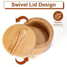 1pc Bamboo Salt And Spice Storage Box With Magnetic Rotating Lid And Spoon, Bamboo Organizer Box For Storing Salt, Pepper, Spices, Sugar, 6oz Capacity - Multicolor - View 4