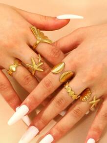 Juego de 6 anillos con diseño de acero inoxidable de la serie oceánica con estrellas de mar, coral y conchas, un diseño versátil y creativo para que las mujeres los usen a diario, adecuado para el verano - Amarillo Oro - Ver 3