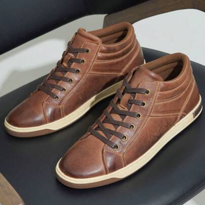 SHOESMORE Men's Sneakers Leather High Top Fashion Casual Black Shoes For Men Dress Sneakers Darkbrown Boots For Men