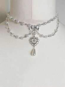 CVNANA 1 件可爱的多层人造珍珠项圈，配银色心形装饰 - 完美的生日礼物、Y2K 配饰，适合日常佩戴和特殊场合 - 銀色 - 查看 9