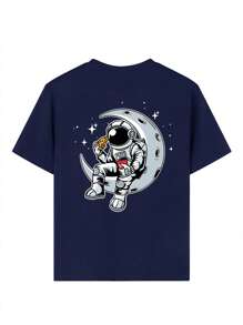 1 bucată tricou cu mânecă scurtă cu mânecă scurtă cu imprimeu ondulat și palmier pentru băieți, îmbrăcăminte de vară pentru studenți - Aduce bucurie și fericire fiecărui copil! - Albastru marin - Vizualizare 5