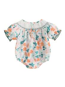 Baby Girl Summer Romper Short Sleeve Round Neck Floral Print Smocked Bodysuit Newborn Playsuit - Green - View 4