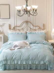 1 Set Of 3 Pieces (1 Duvet Cover + 2 Pillow Shams) Light Blue Ruffle Elegant Soft & Cozy Bedding Set, Suitable For Bedroom, Guest Room