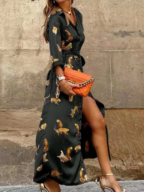 Autumn/Winter Fashionable Leopard Print Shirt Collar Long Sleeve Dress For Women, Button Decor, Elegant, Casual, Includes Belt, Suitable For Commute, Minimalism, Office Wear, Retro, Simplistic, French Style
