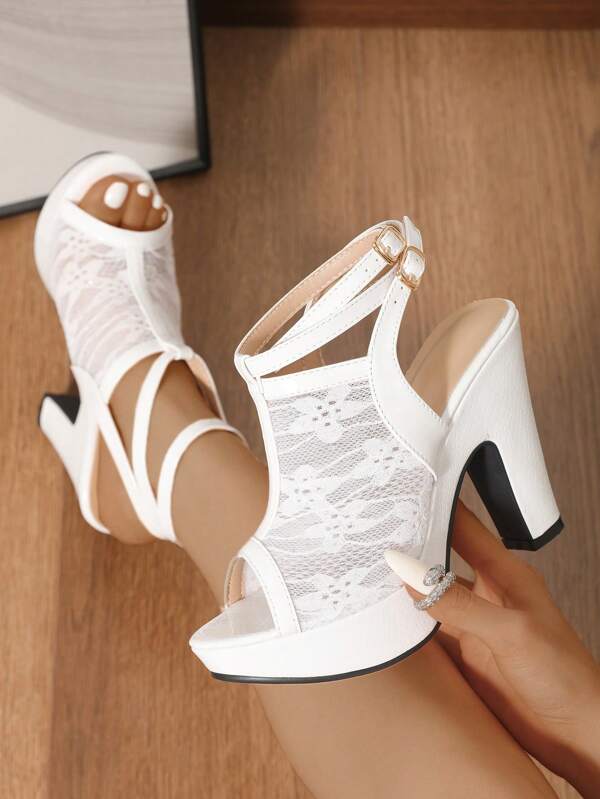 2025 New French Retro White High Heels For Women, Peep Toe Lace Patent Leather Waterproof Platform Sexy Strap Sandals