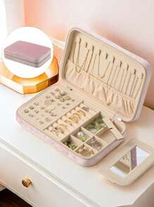 1 件天鹅绒拉链首饰盒，大容量珠宝收纳盒，带 2 个可拆卸隔层，耳环戒指项链手链收纳盒。适合作为送给女友、朋友、女孩、母亲节的礼物，阳光旅行凉爽