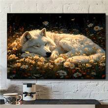 1Pc Wooden Frame The Wolf Sleeps Quietly Canvas Painting, Ready To Hang, Thickness 2.25cm/0.9 Inch High Quality Wall Painting Art Print Poster Wall Decoration, Suitable For Bedroom Bathroom Living Room, New Year Halloween Christmas Christmas Christmas Birthday And Holiday Gift