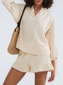 Women Linen Set Puff Long Sleeve V Neck Front Tie Shirt  Ruffle Boxer Shorts Set 2 Piece Lounge Sets Y2K Tracksuit - 杏色 - 查看 5