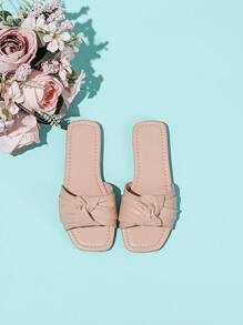 1 Pair Fashionable Flat Woven Flat Slippers For Girl - Apricot - View 4