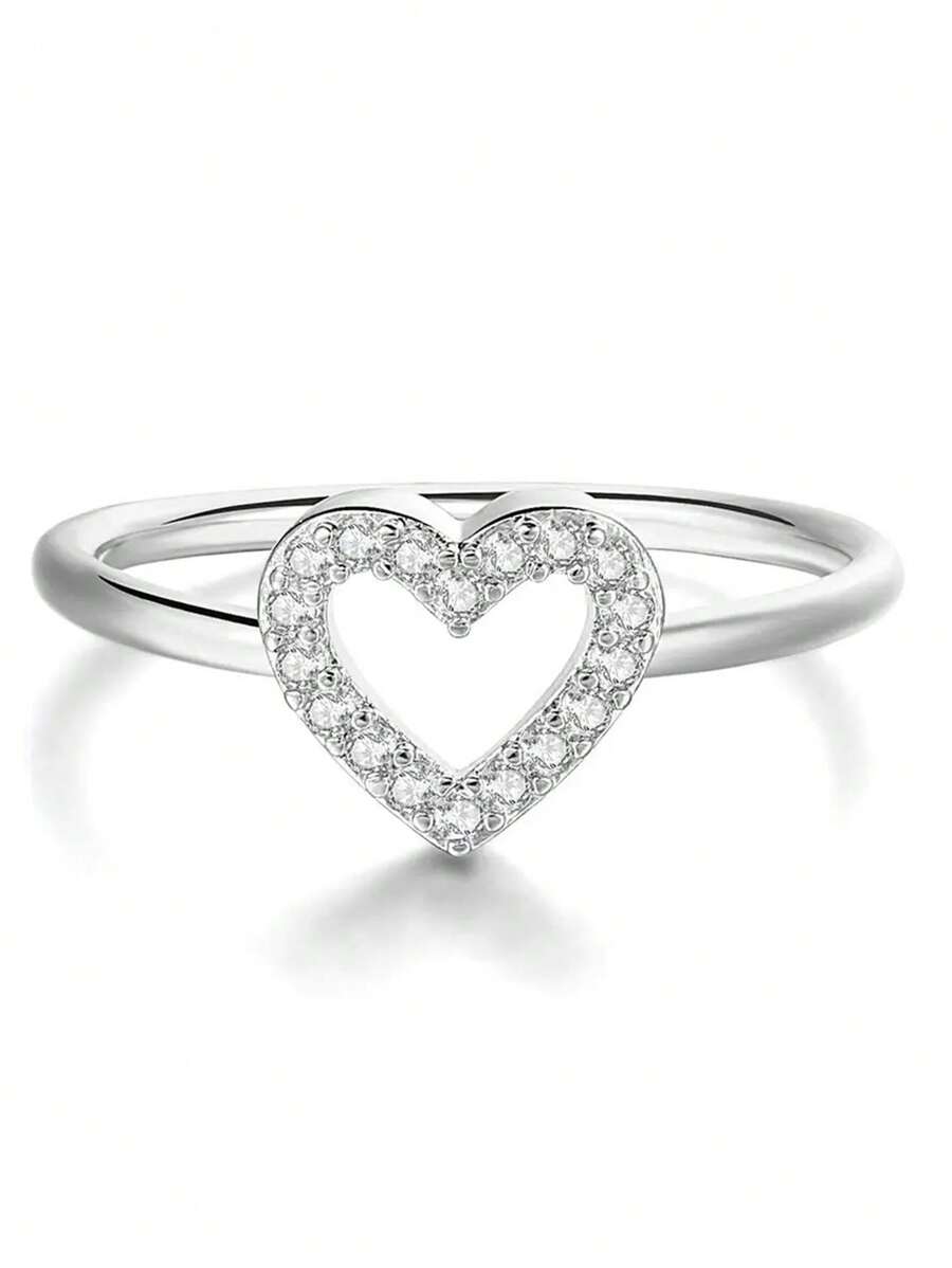 925 Sterling Silver Heart Design Cubic Zirconia Ring, Simple & Fashionable High-Quality Jewelry Gift For Women, Lovers - Silver - View 1