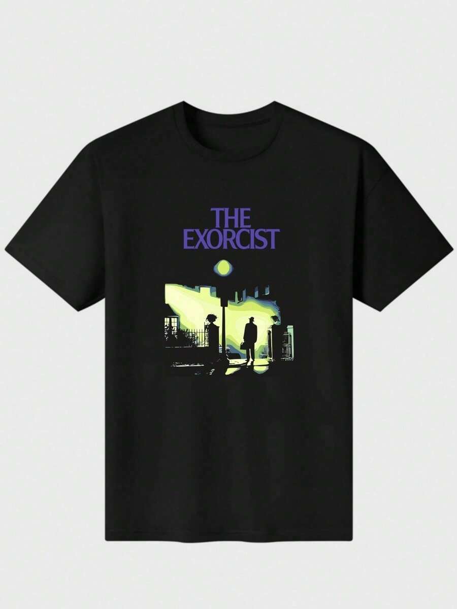Cartel de El Exorcista Película de terror de 1973 Camiseta casual Impresión digital Camiseta de algodón puro pesado - Negro - Ver 1