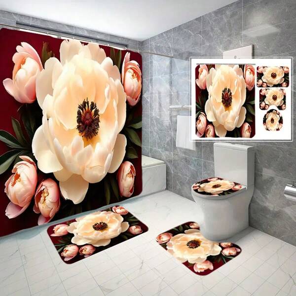 Conjunto de 4 piezas para decoración de baño - 1 Cortina de ducha + 3 piezas en combo (Alfombra de baño y tapa de inodoro)! Temas de flores/mariposas/corazones/túneles/perros - ¡Productos talla grande vendidos en 2025! | Renovación instantánea del baño | Accesorios esenciales para el hogar con estilo | Múltiples opciones de patrones | Actualización decorativa sin esfuerzo - ¡Compre ahora los estéticos accesorios de baño!