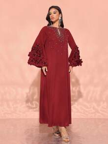 Solessence 手工制作的3D花卉装饰优雅阿拉伯风格女士连衣裙，端庄大方 - 酒紅色 - 查看 7