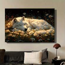 1Pc Wooden Frame The Wolf Sleeps Quietly Canvas Painting, Ready To Hang, Thickness 2.25cm/0.9 Inch High Quality Wall Painting Art Print Poster Wall Decoration, Suitable For Bedroom Bathroom Living Room, New Year Halloween Christmas Christmas Christmas Birthday And Holiday Gift