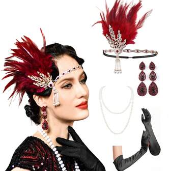 20 世纪 20 年代婚礼/派对头饰套装，包括头带、仿珍珠项链、手套、复古锌合金配饰，适合万圣节舞会