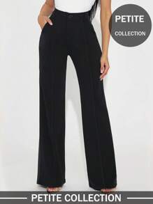 Women's Petite Solid Color Front Button Casual Slim Straight Leg Pants Trousers, Elegant For Commuting - Black - View 1
