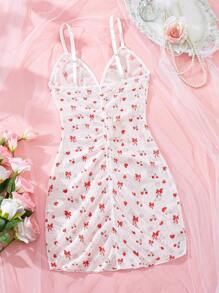 Women's White Sheer Sleepwear, Red Heart Shape&Bow&Cherry Digital Print, Ruched V-Neck Camisole Tight Dress,Spaghetti Strap Slip Dress,Sexy Lingerie - White - View 5