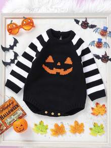 Baby Sweater Romper Striped Long Sleeve Round Neck Pumpkin Face Print Bodysuit Infant Halloween Outfit - Black - View 3