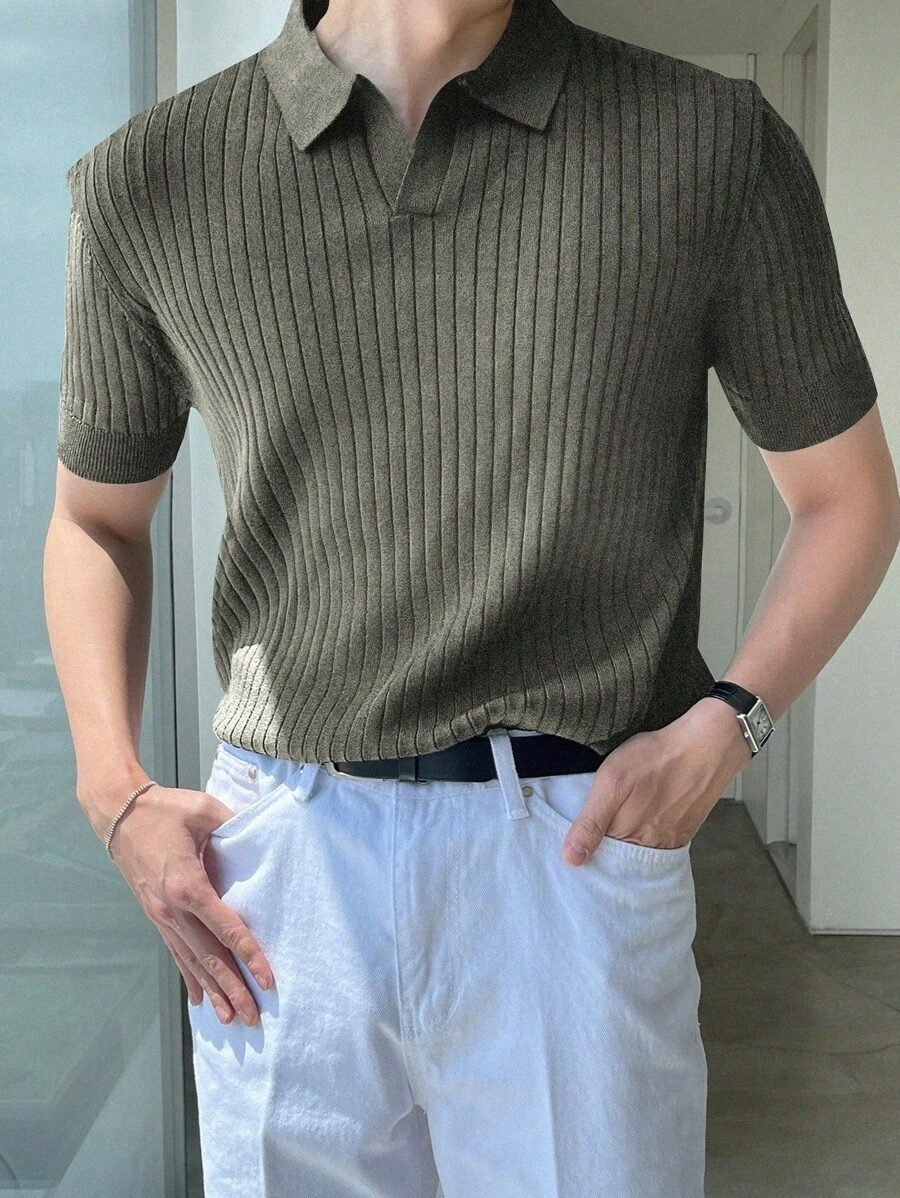 Men's Summer Solid Color Knitted Shirt - Army Green - View 1