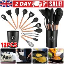 12pcs Silicone Kitchen Utensils Set With Holder - Heat Resistant, Wooden Handle,Nonstick Cookware Tongs Spatula Kitchen Set - Easy Clean, Best Kitchen Tools (Black) - Black - View 3