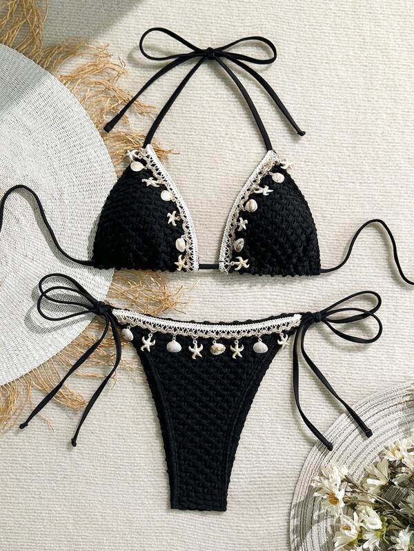 Vacation Beach Halter Back Tie Up Twisted Bikini Set With Charms Decoration