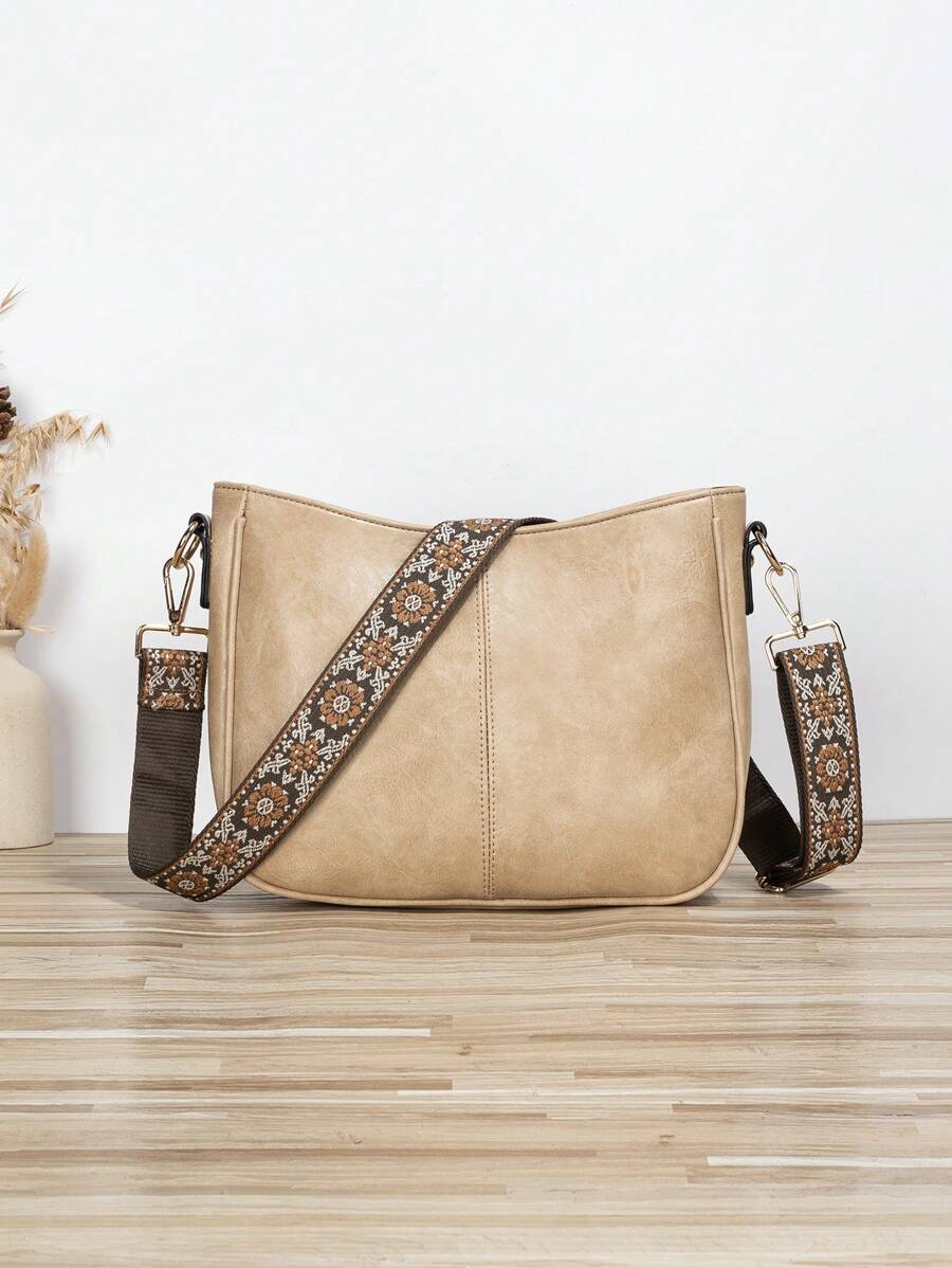 女士复古风格水桶包，带斜挎包，Vagan 皮革流浪包，配有吉他背带，宽刺绣钱包带，适合女士 - 非常适合斜挎包、健身包、手提包等！ - 卡其色 - 查看 1