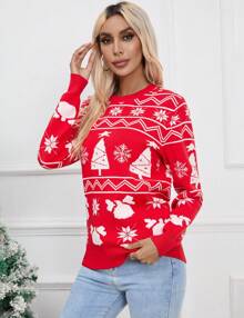 Ugly Christmas Sweater For Women Crew Neck Knitted Pullover Reindeer Snowflakes Sweaters For Xmas Holiday