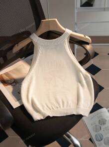 Zomer Nieuwe Ronde Hals Dames Wit Halter Goblet Print, Eenvoudig Stijlvol, Geschikt Voor Woon-werkverkeer, Zomer Dames Tops