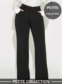 Women's Petite Solid Color Front Button Casual Slim Straight Leg Pants Trousers, Elegant For Commuting - Black - View 5