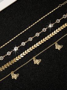 1 Set Of 4pcs Rhinestone Wheat Ear Chain, Hollow Butterfly Pendant Anklet Set, Elegant Beach Style Anklet - Wheat Ear Butterfly 4-piece Set - View 4