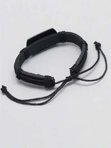 1pc Men's Punk Leather Bracelet, Black Wolf Head Handmade Braided Leather Cord Wristband