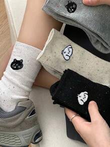 4 đôi tất cổ cao đến bắp chân họa tiết hoạt hình dành cho nữ, tất cổ cao chấm bi hình mèo dễ thương, màu ngẫu nhiên, mùa thu - Nhiều màu - Xem 3