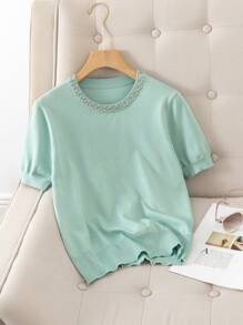 GIGOGOU New Basic Summer Women Knit T-Shirt, Fashionable Hot-Selling Casual Short Sleeve T-Shirt - Green - View 4